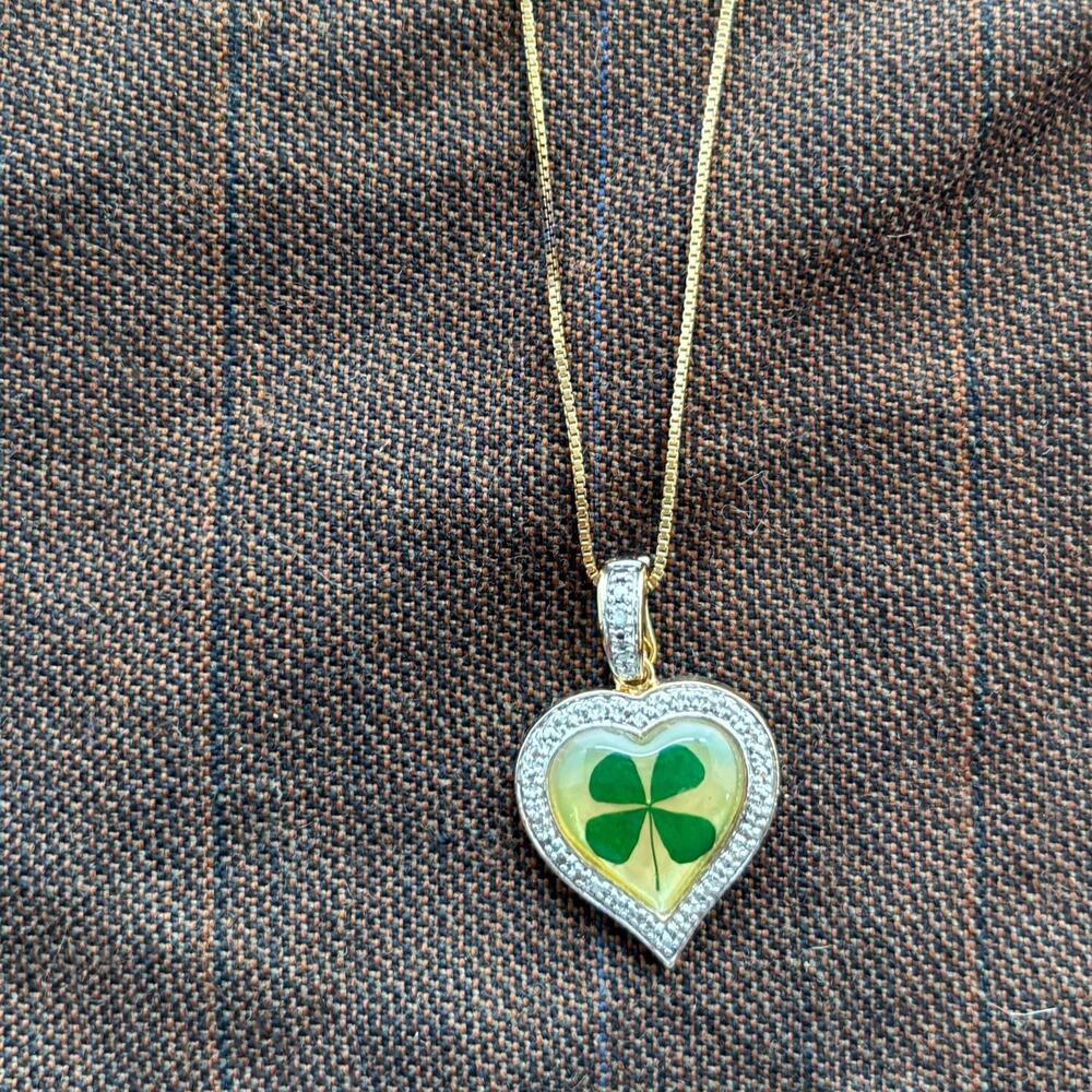 Technibond 925 Sterling Silver Gold Bonded 4 Leaf Clover Heart Necklace 18"